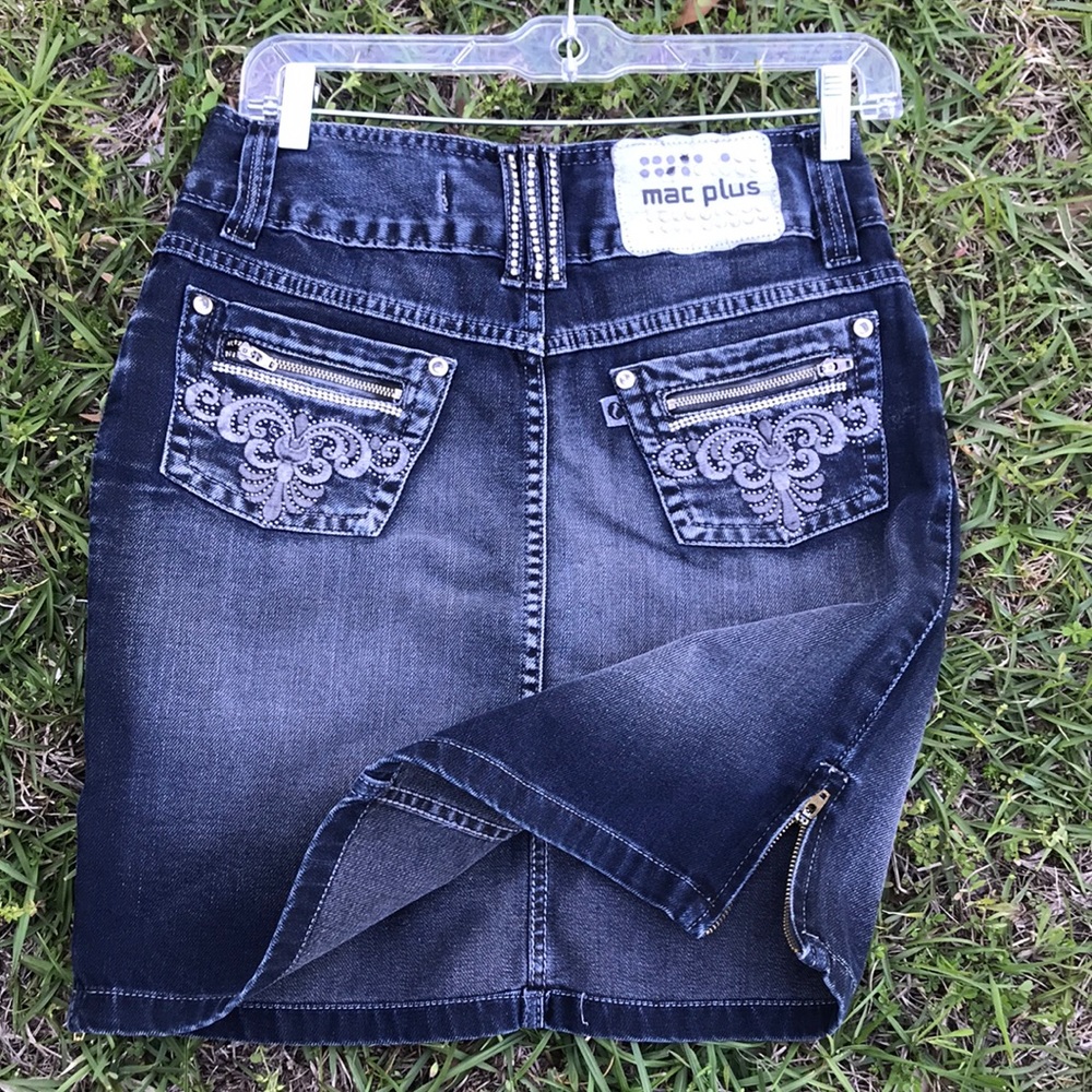 Vintage Mac plus pencil embroidery rhinestone jean skirt Sz 34
